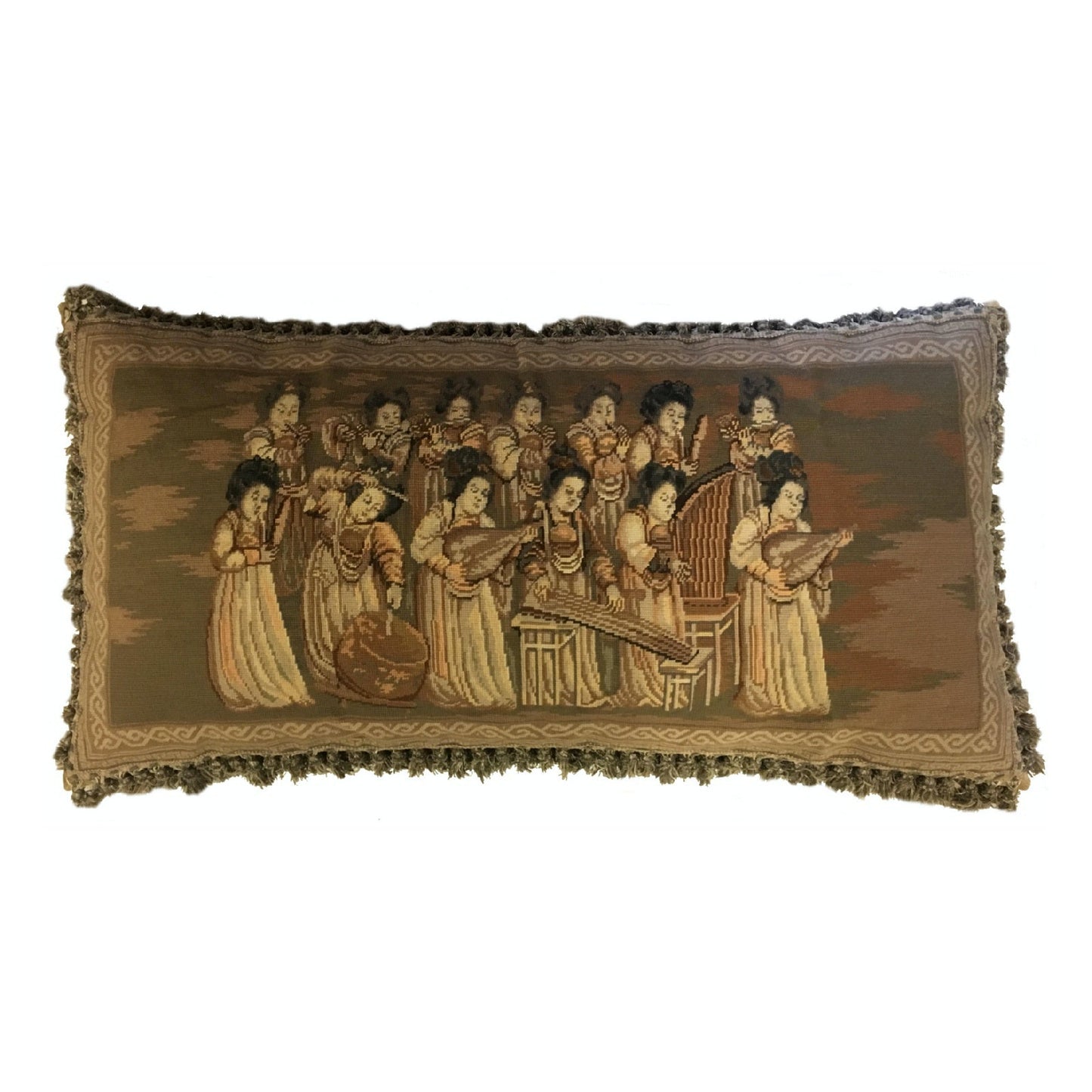 Handmade Wool Needlepoint Pillow Cover - Decorative Throw Cushion Cover - Vintage Floral Embroidery Design musician ladies from China old silk road painting with tassels 1