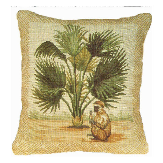 Handmade Wool Needlepoint Pillow Cover - Decorative Throw Cushion Cover - Vintage Floral Embroidery Design 5  long tail monkey & palm tree waved frame