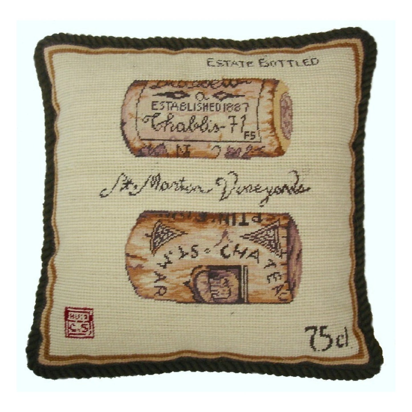 Handmade Wool Needlepoint Pillow Cover - Decorative Throw Cushion Cover - Vintage Floral Embroidery Design corks back Angela Staehling designSt Martin Vineyards with cording