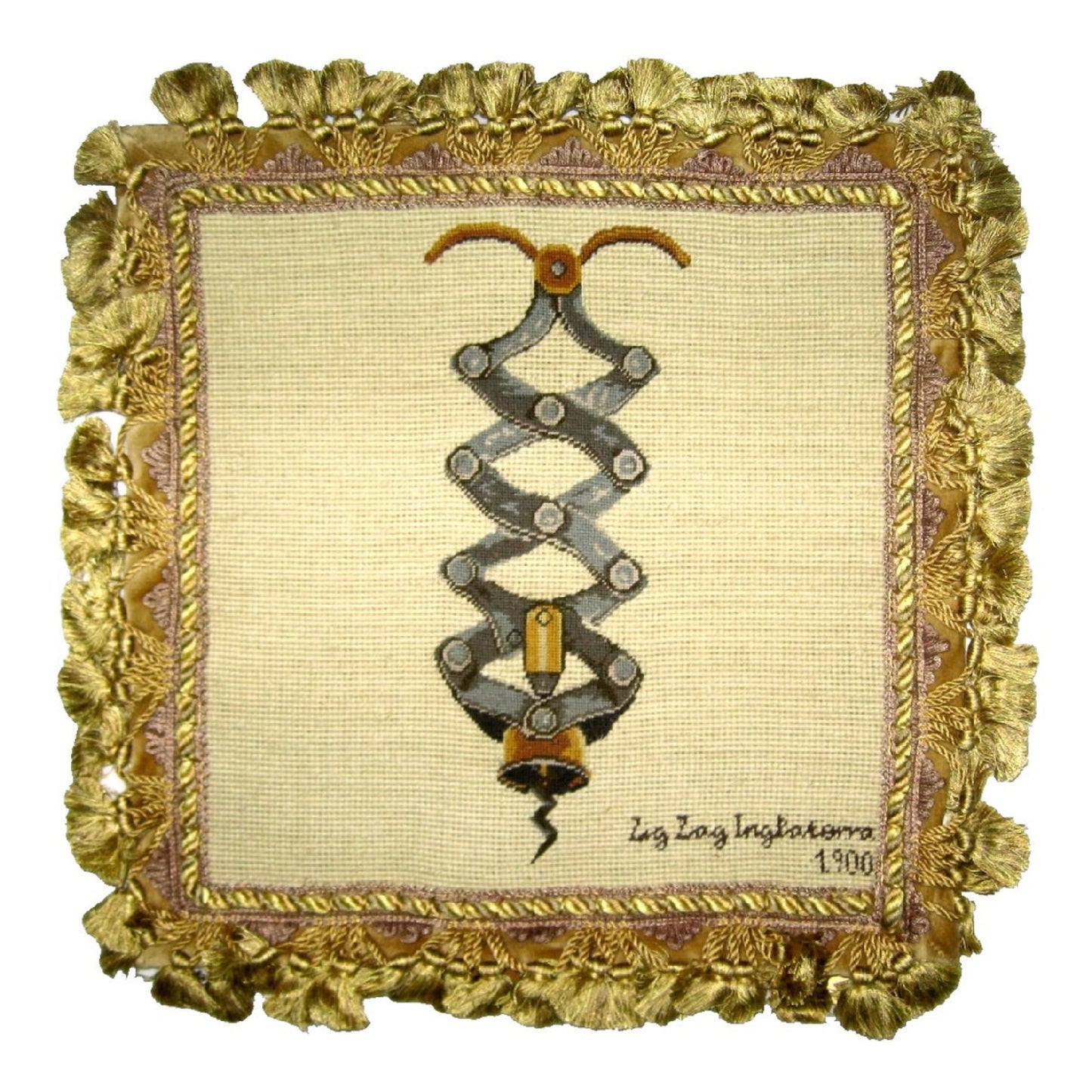 Handmade Wool Needlepoint Pillow Cover - Decorative Throw Cushion Cover - Vintage Floral Embroidery Design  Zig Zag, Inglaterra with 2 color tassel