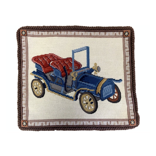 Handmade Wool Needlepoint Pillow Cover - Decorative Throw Cushion Cover - Vintage Floral Embroidery Design blue/red wagon with brown cording