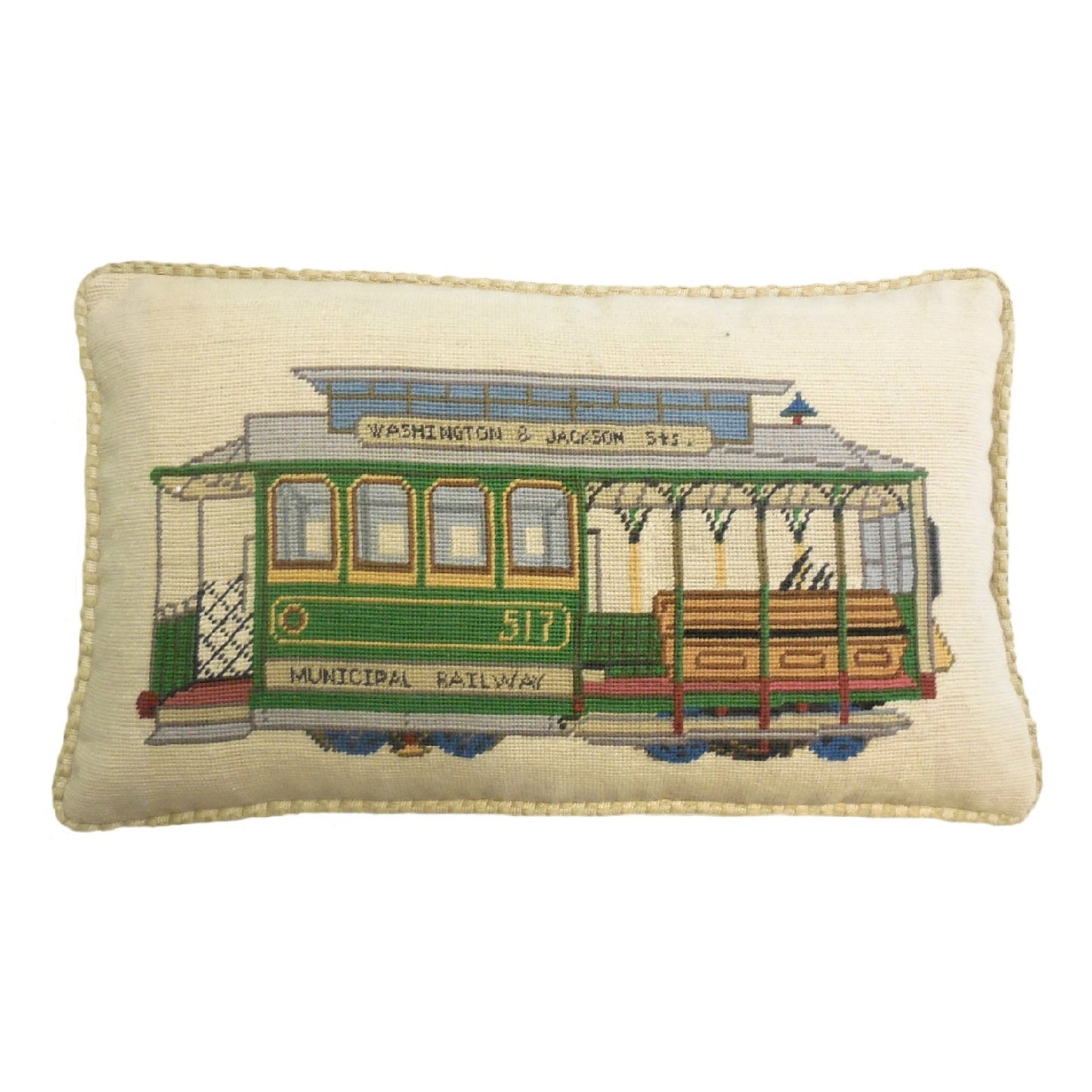 Handmade Wool Needlepoint Pillow Cover - Decorative Throw Cushion Cover - Vintage Floral Embroidery Design  SF cable car Washington-Jackson St checker cording