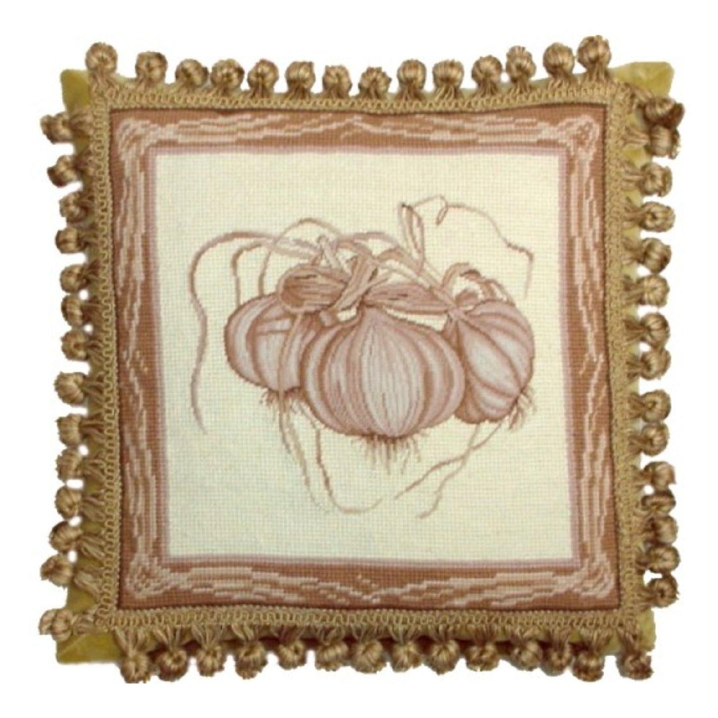 Handmade Wool Needlepoint Pillow Cover - Decorative Throw Cushion Cover - Vintage Floral Embroidery Design garlic with tassel