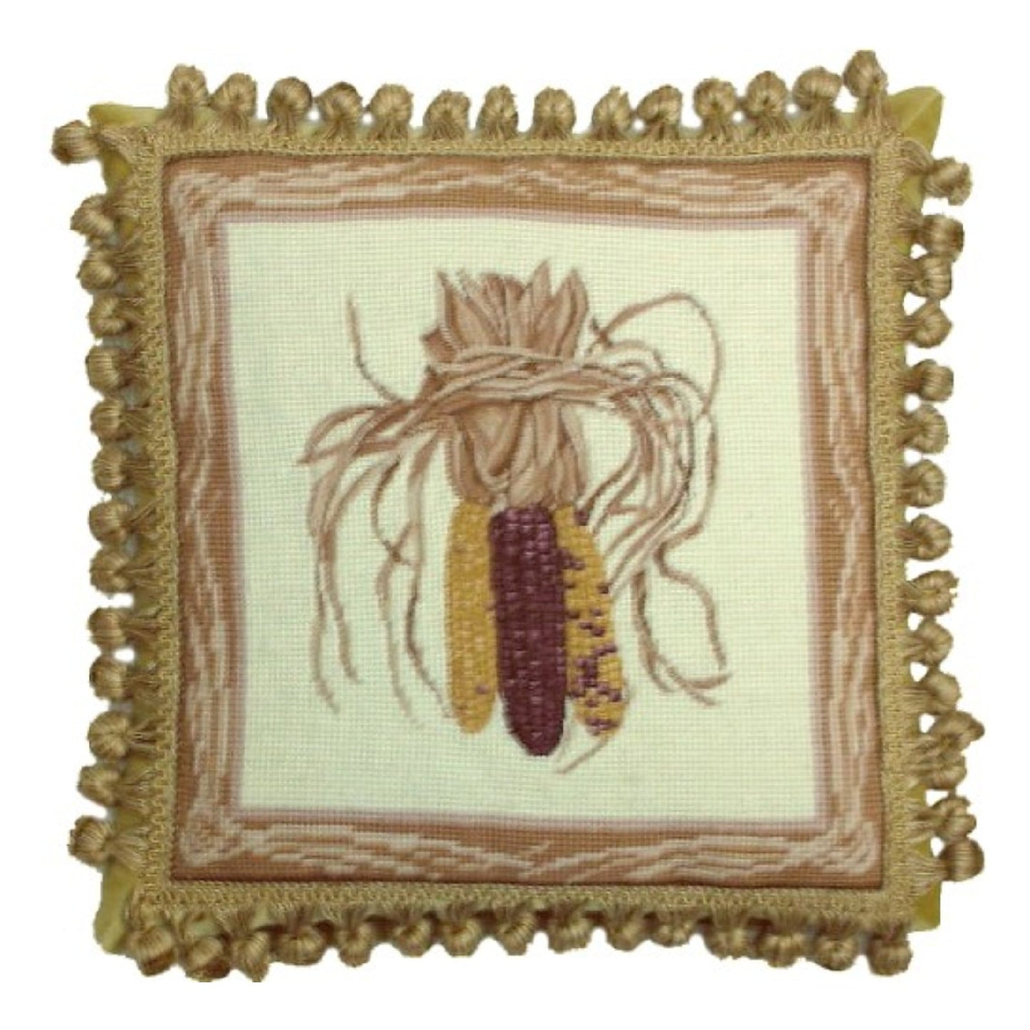 Handmade Wool Needlepoint Pillow Cover - Decorative Throw Cushion Cover - Vintage Floral Embroidery Design 3 color corns with tassel