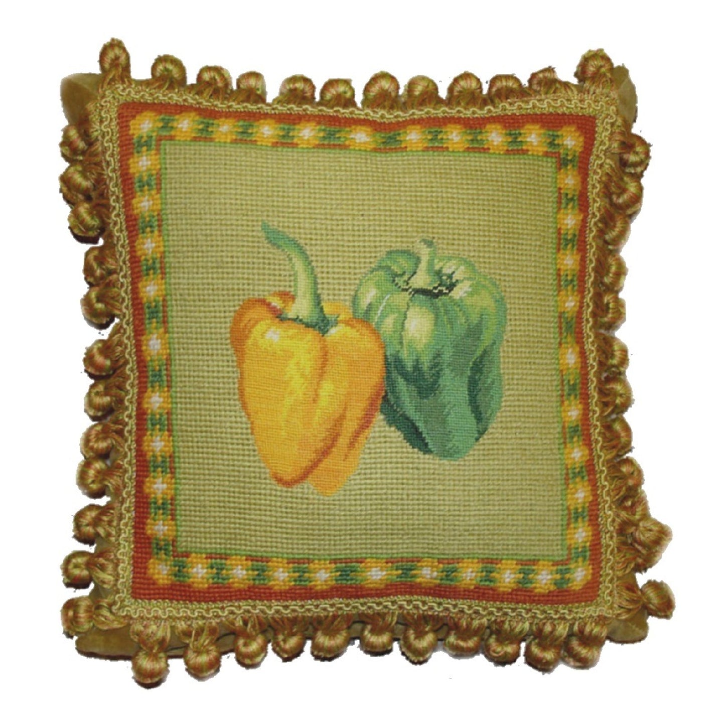 Handmade Wool Needlepoint Pillow Cover - Decorative Throw Cushion Cover - Vintage Floral Embroidery Design  background 3 color tassel 2