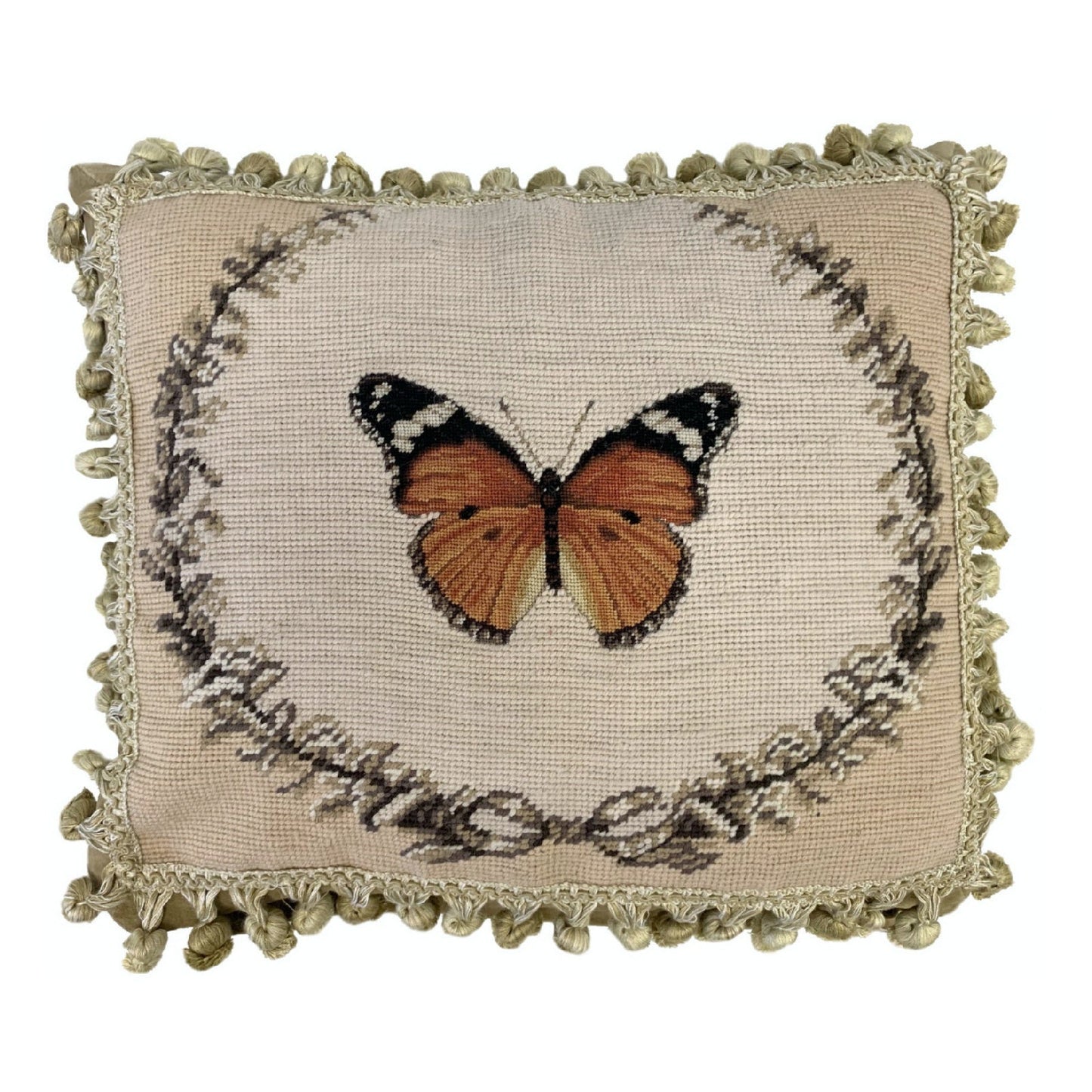 Handmade Wool Needlepoint Pillow Cover - Decorative Throw Cushion Cover - Vintage Floral Embroidery Design orange butterfly with 2 color tassel