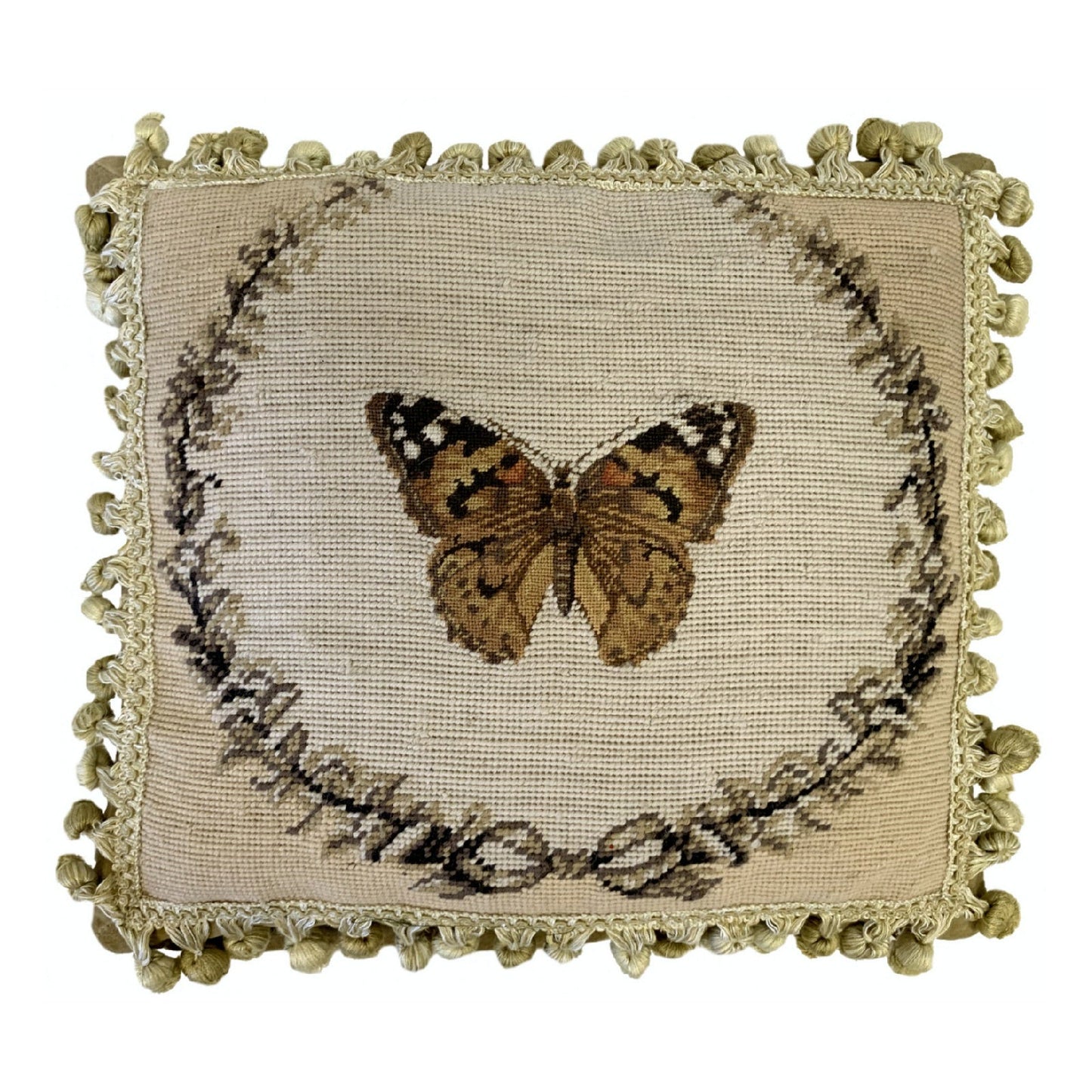 Handmade Wool Needlepoint Pillow Cover - Decorative Throw Cushion Cover - Vintage Floral Embroidery Design brown butterfly with 2 color tassel