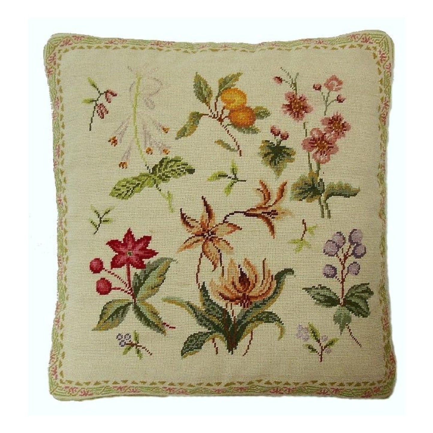Handmade Wool Needlepoint Pillow Cover - Decorative Throw Cushion Cover - Vintage Floral Embroidery Design  Herbers orange fruite