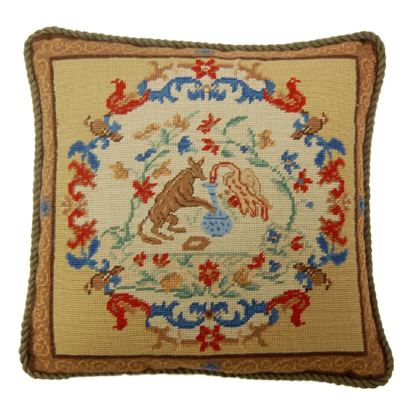 Handmade Wool Needlepoint Pillow Cover - Decorative Throw Cushion Cover - Vintage Floral Embroidery Design  rest with cording