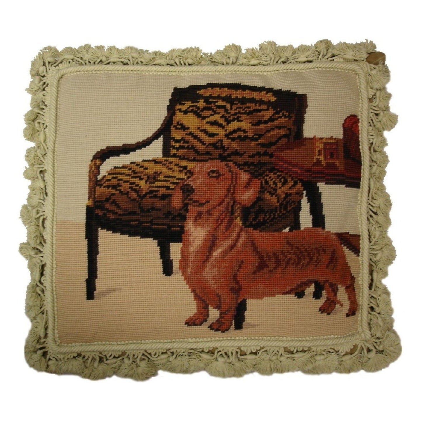 Handmade Wool Needlepoint Pillow Cover - Decorative Throw Cushion Cover - Vintage Floral Embroidery Design Dachshund