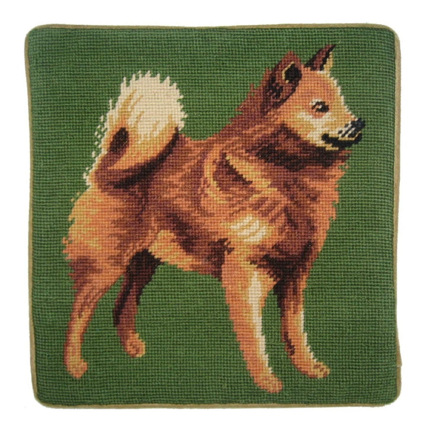 Handmade Wool Needlepoint Pillow Cover - Decorative Throw Cushion Cover - Vintage Floral Embroidery Design Finnish Spitz