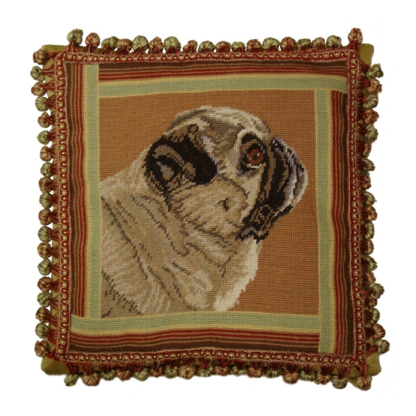 Handmade Wool Needlepoint Pillow Cover - Decorative Throw Cushion Cover - Vintage Floral Embroidery Design brown pug with 3 color tassel