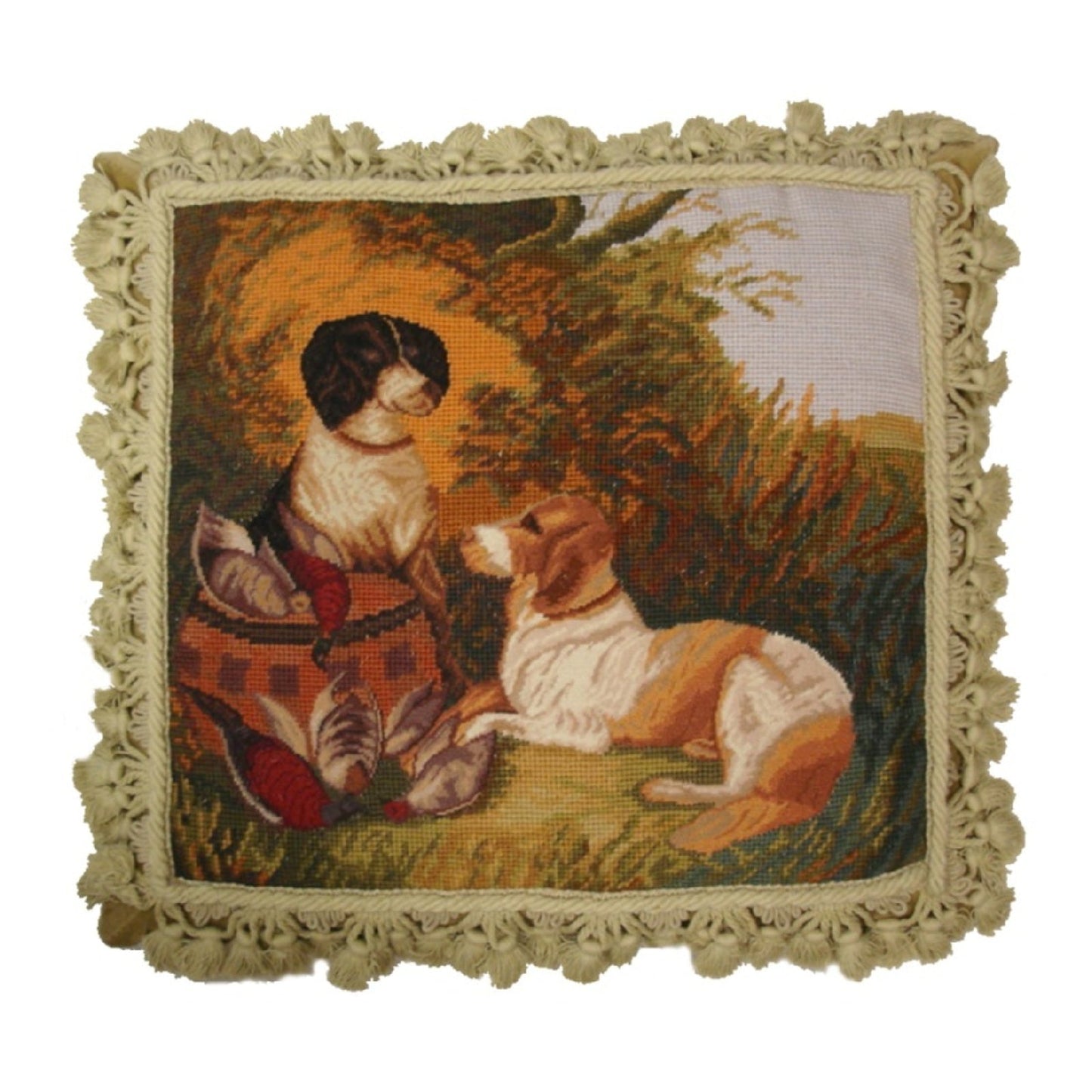 Handmade Wool Needlepoint Pillow Cover - Decorative Throw Cushion Cover - Vintage Floral Embroidery Design hunting dog & bird background with tassels
