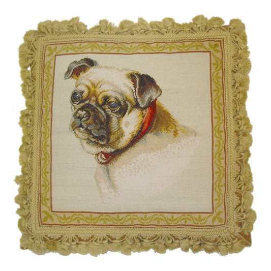 Handmade Wool Needlepoint Pillow Cover - Decorative Throw Cushion Cover - Vintage Floral Embroidery Design  Pug dog nature background