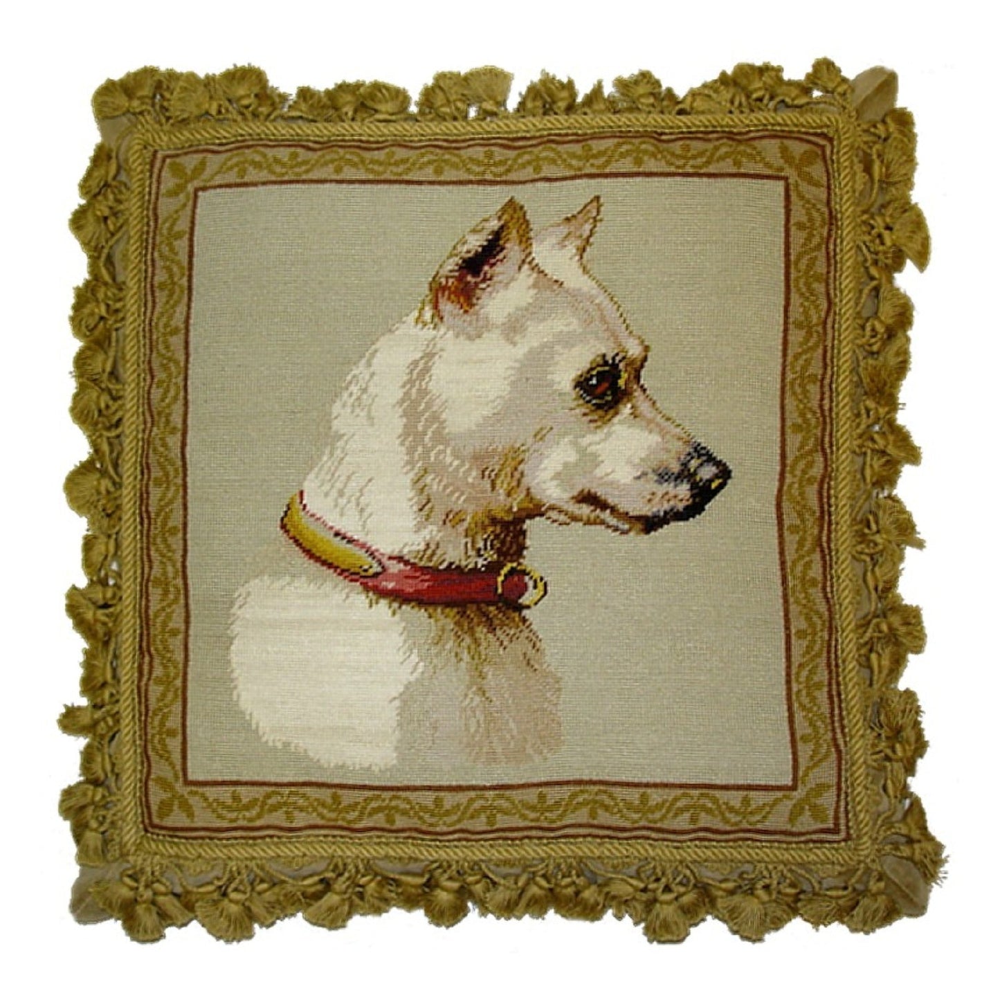 Handmade Wool Needlepoint Pillow Cover - Decorative Throw Cushion Cover - Vintage Floral Embroidery Design  Bull Terrie Light with sand nature tassel