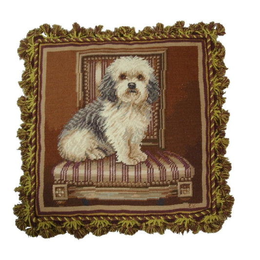 Handmade Wool Needlepoint Pillow Cover - Decorative Throw Cushion Cover - Vintage Floral Embroidery Design Elaine Vollherbst Design Elegant Terrier