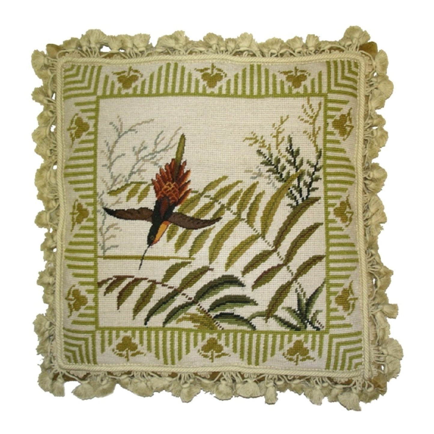 Handmade Wool Needlepoint Pillow Cover - Decorative Throw Cushion Cover - Vintage Floral Embroidery Design 1 bird & ferns)