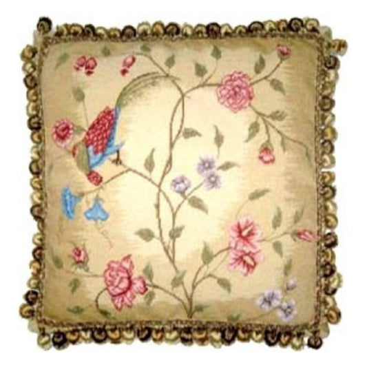 Handmade Wool Needlepoint Pillow Cover - Decorative Throw Cushion Cover - Vintage Floral Embroidery Design  red/blue phoenix & plum in blossom with 3 color tassels 1