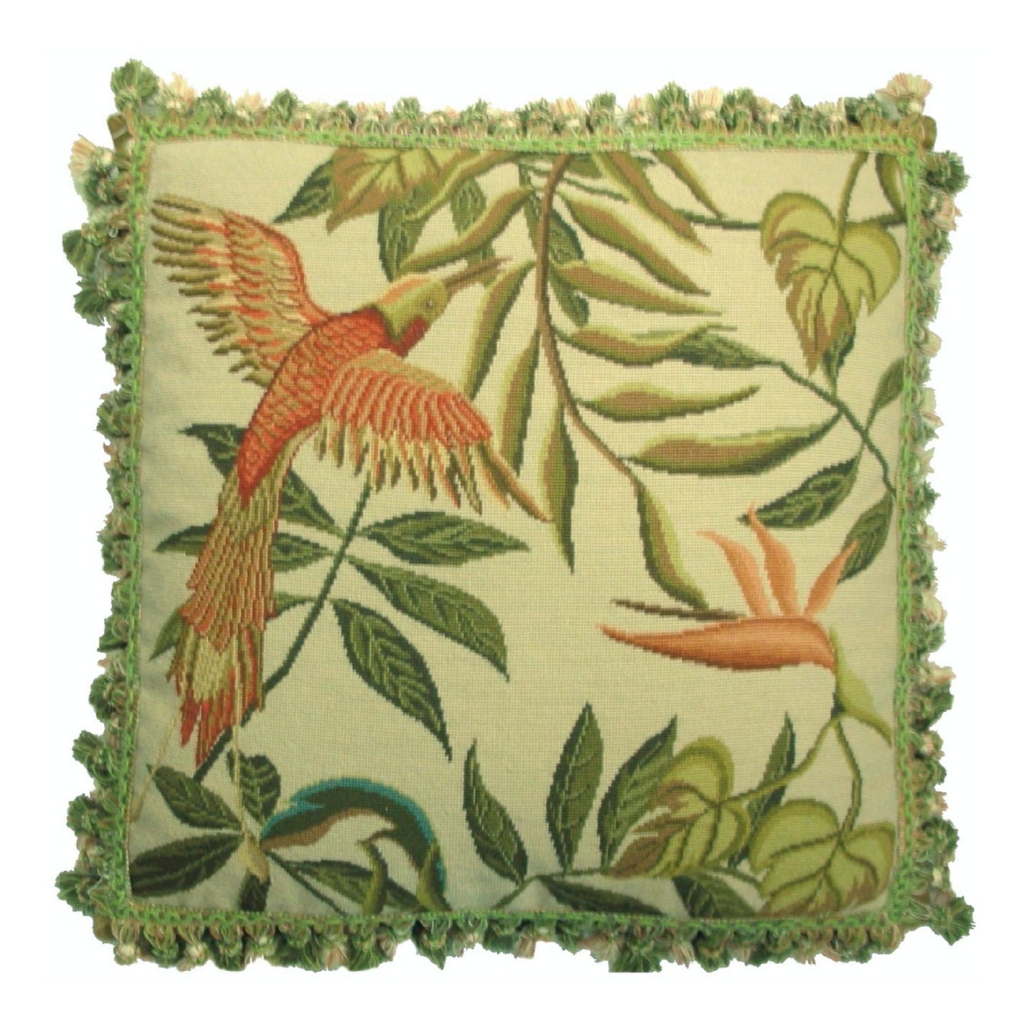 Handmade Wool Needlepoint Pillow Cover - Decorative Throw Cushion Cover - Vintage Floral Embroidery Design  birds of Paradise  with tassel 1