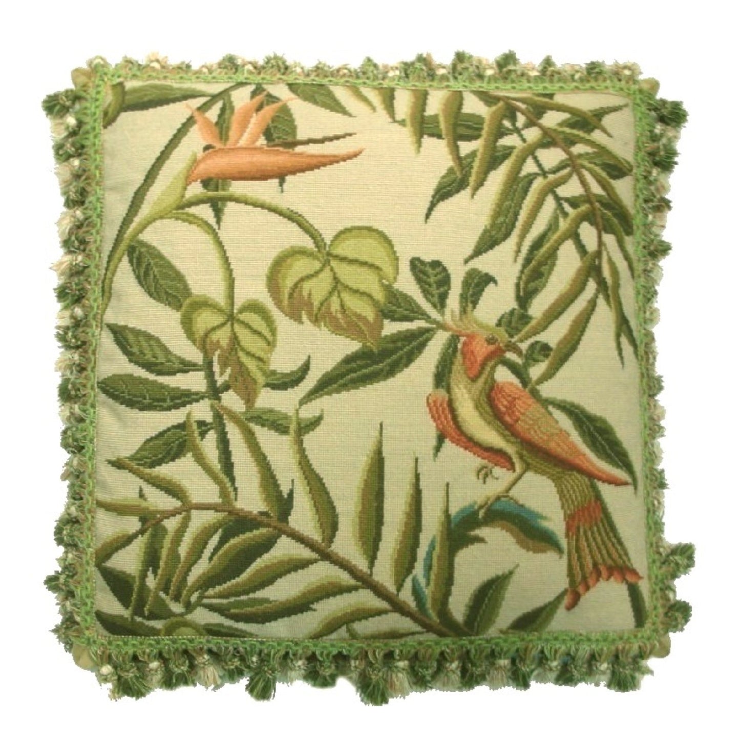 Handmade Wool Needlepoint Pillow Cover - Decorative Throw Cushion Cover - Vintage Floral Embroidery Design  birds of Paradise  with tassel