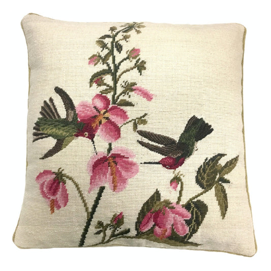 Handmade Wool Needlepoint Pillow Cover - Decorative Throw Cushion Cover - Vintage Floral Embroidery Design 2 humming birds pink flowers