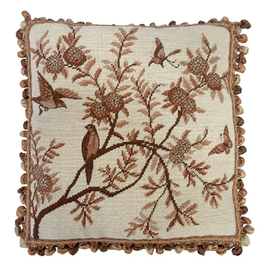Handmade Wool Needlepoint Pillow Cover - Decorative Throw Cushion Cover - Vintage Floral Embroidery Design  antique tree  swallows butterfliers with tassels 1