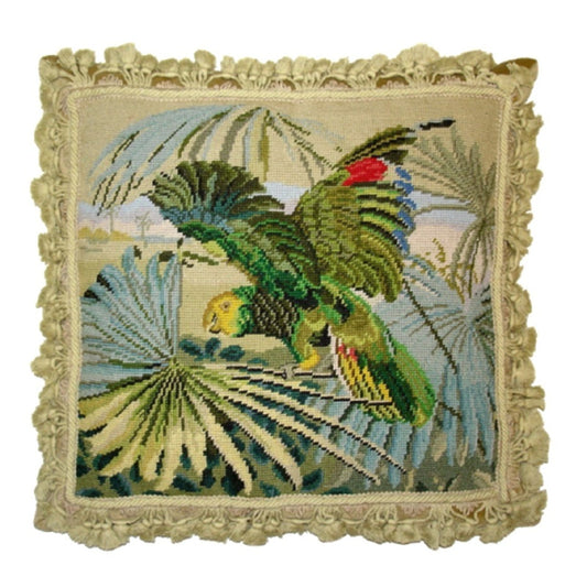 Handmade Wool Needlepoint Pillow Cover - Decorative Throw Cushion Cover - Vintage Floral Embroidery Design one parrot