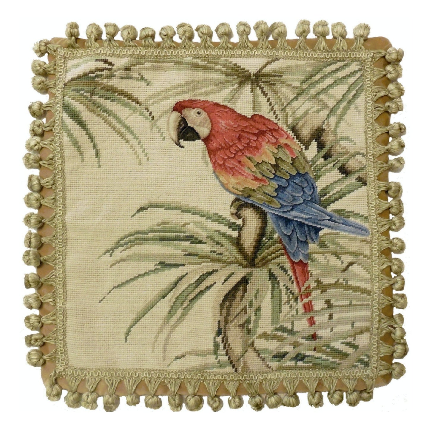 Handmade Wool Needlepoint Pillow Cover - Decorative Throw Cushion Cover - Vintage Floral Embroidery Design parrot with tassels