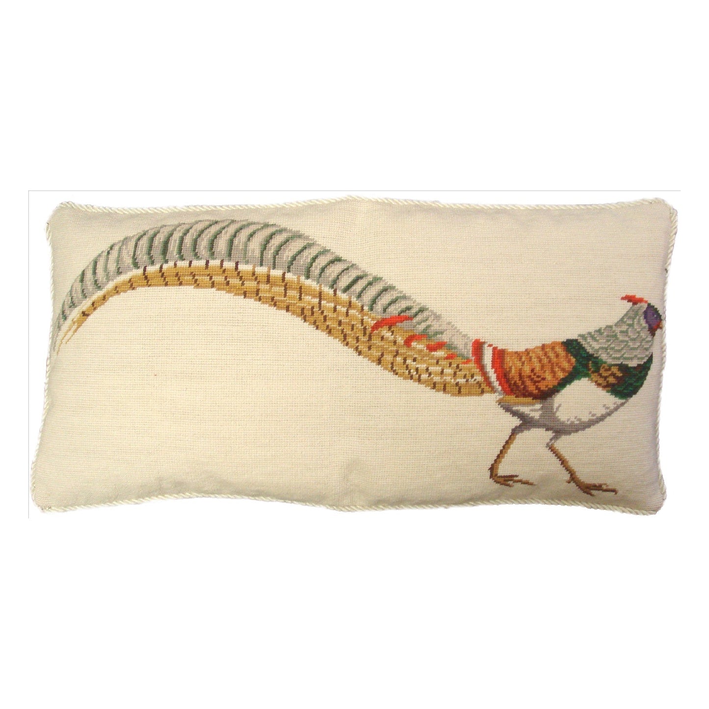 Handmade Wool Needlepoint Pillow Cover - Decorative Throw Cushion Cover - Vintage Floral Embroidery Design pheasant in green/yellow with cording
