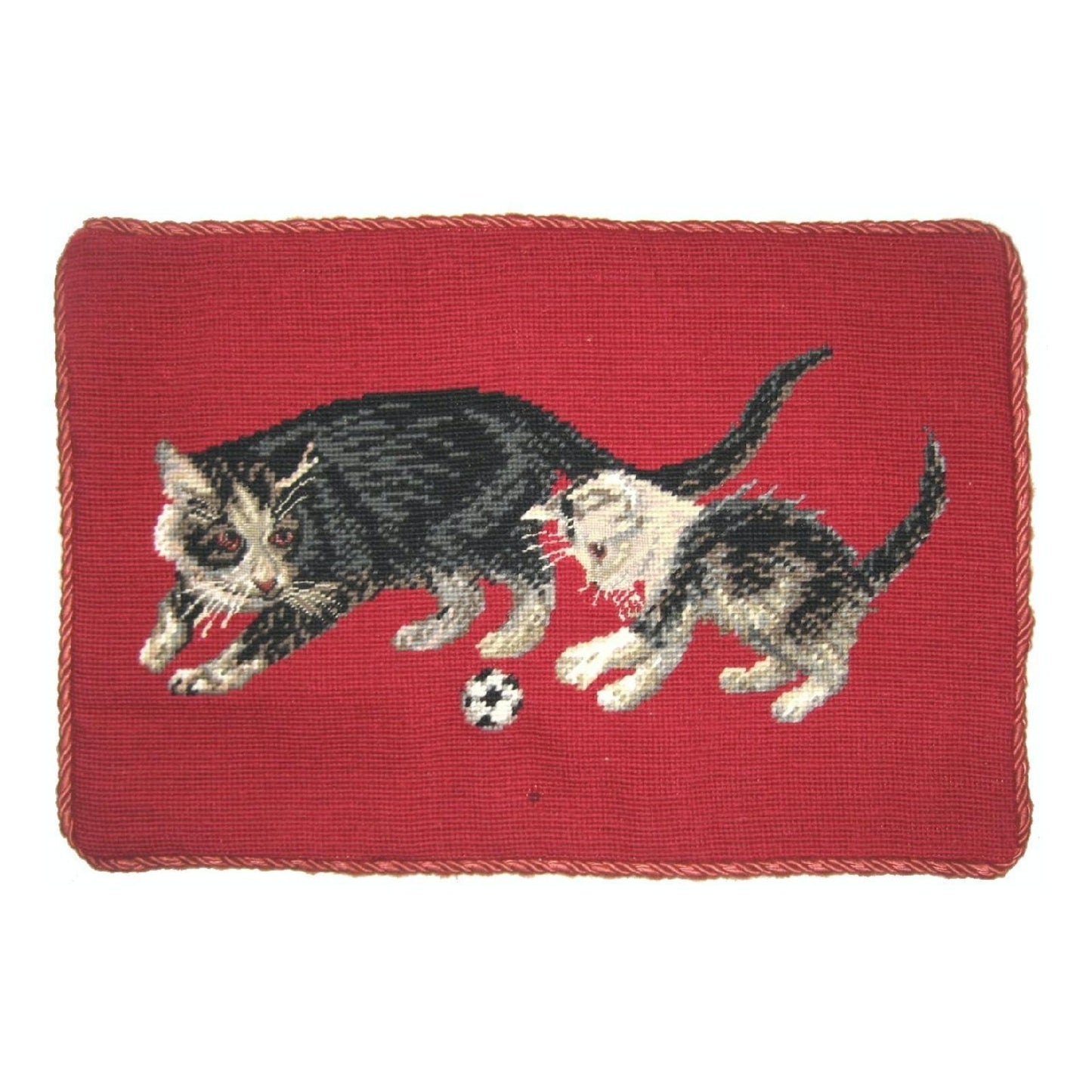 Handmade Wool Needlepoint Pillow Cover - Decorative Throw Cushion Cover - Vintage Floral Embroidery Design  on cat faces rest of in red background with cording