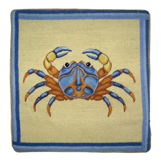 Handmade Wool Needlepoint Pillow Cover - Decorative Throw Cushion Cover - Vintage Floral Embroidery Design blue crab