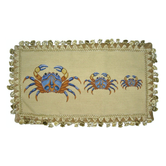 Handmade Wool Needlepoint Pillow Cover - Decorative Throw Cushion Cover - Vintage Floral Embroidery Design 3 blue crabs with tassels