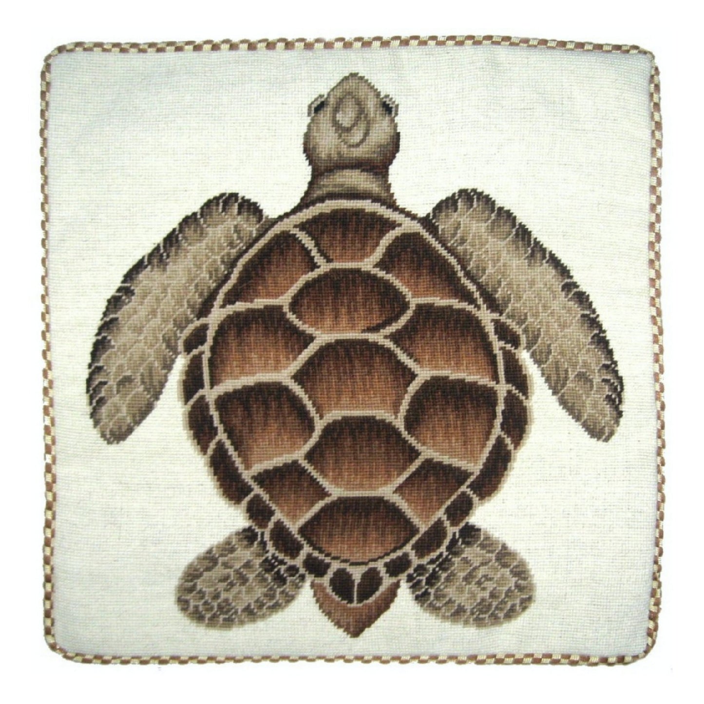 Handmade Wool Needlepoint Pillow Cover - Decorative Throw Cushion Cover - Vintage Floral Embroidery Design brown turtle with cording