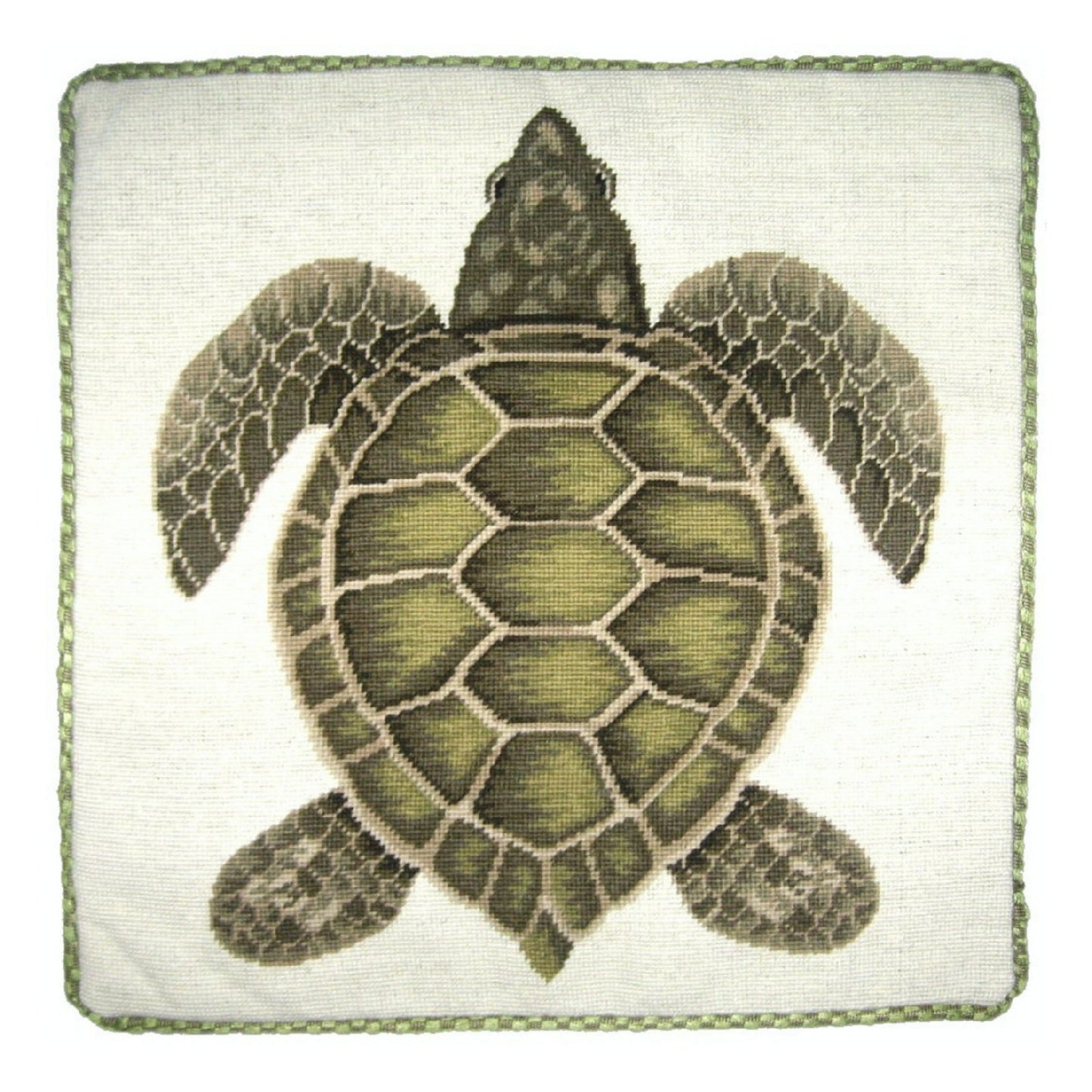Handmade Wool Needlepoint Pillow Cover - Decorative Throw Cushion Cover - Vintage Floral Embroidery Design green turtle with cording
