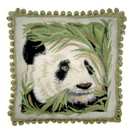 Handmade Wool Needlepoint Pillow Cover - Decorative Throw Cushion Cover - Vintage Floral Embroidery Design panda with banboom 2 color tassels