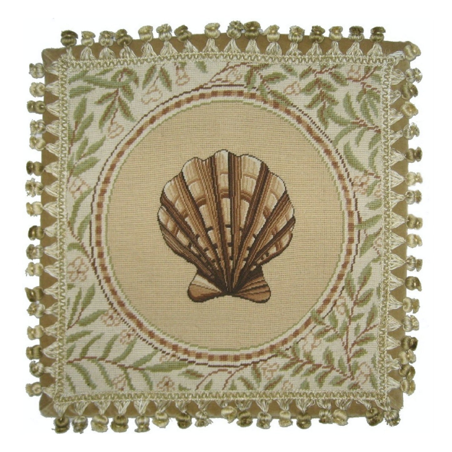 Handmade Wool Needlepoint Pillow Cover - Decorative Throw Cushion Cover - Vintage Floral Embroidery Design fan shell with back and tassels