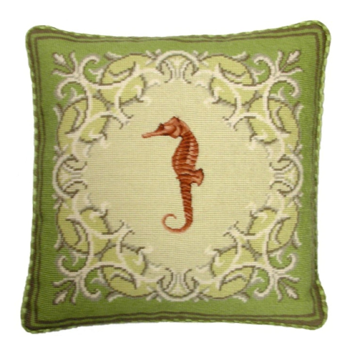 Handmade Wool Needlepoint Pillow Cover - Decorative Throw Cushion Cover - Vintage Floral Embroidery Design seahorse with checker cording