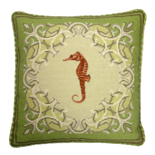 Handmade Wool Needlepoint Pillow Cover - Decorative Throw Cushion Cover - Vintage Floral Embroidery Design seahorse with checker cording
