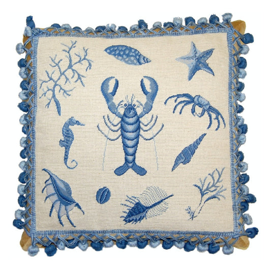 Handmade Wool Needlepoint Pillow Cover - Decorative Throw Cushion Cover - Vintage Floral Embroidery Design Fienst  blue robster with tassels