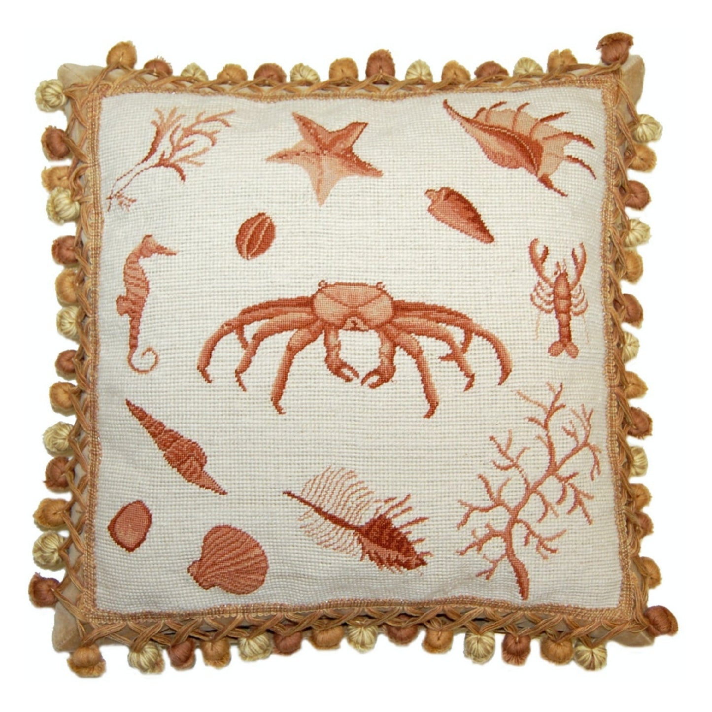 Handmade Wool Needlepoint Pillow Cover - Decorative Throw Cushion Cover - Vintage Floral Embroidery Design Fienst  brown crab with tassels