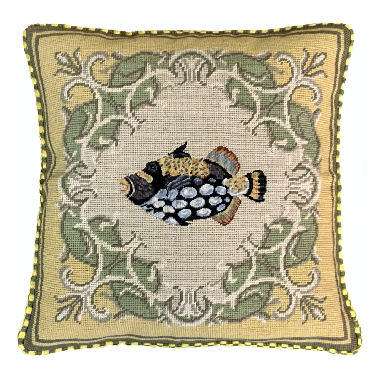 Handmade Wool Needlepoint Pillow Cover - Decorative Throw Cushion Cover - Vintage Floral Embroidery Design tropical fish-marbled grouper yellow frame checker cording