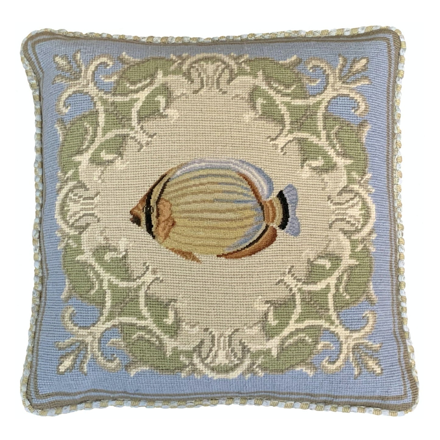 Handmade Wool Needlepoint Pillow Cover - Decorative Throw Cushion Cover - Vintage Floral Embroidery Design tropical fish-reef butterflyfish blue frame checker cording