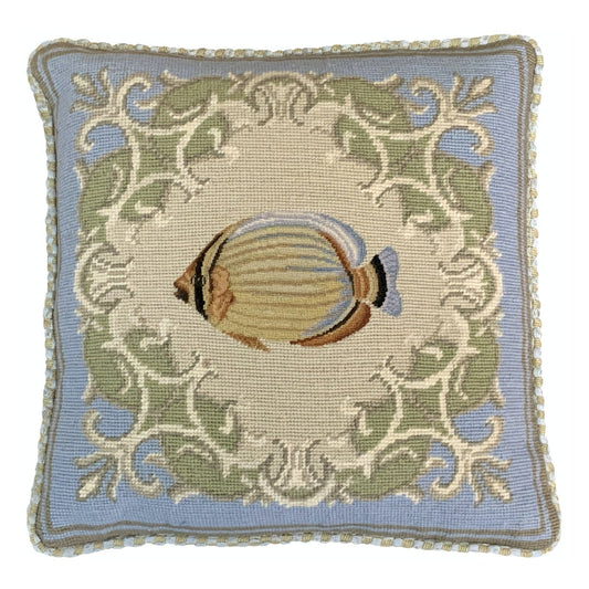 Handmade Wool Needlepoint Pillow Cover - Decorative Throw Cushion Cover - Vintage Floral Embroidery Design tropical fish-reef butterflyfish blue frame checker cording