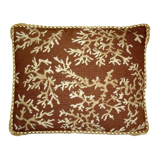 Handmade Wool Needlepoint Pillow Cover - Decorative Throw Cushion Cover - Vintage Floral Embroidery Design ivory coral brown background with cording 1