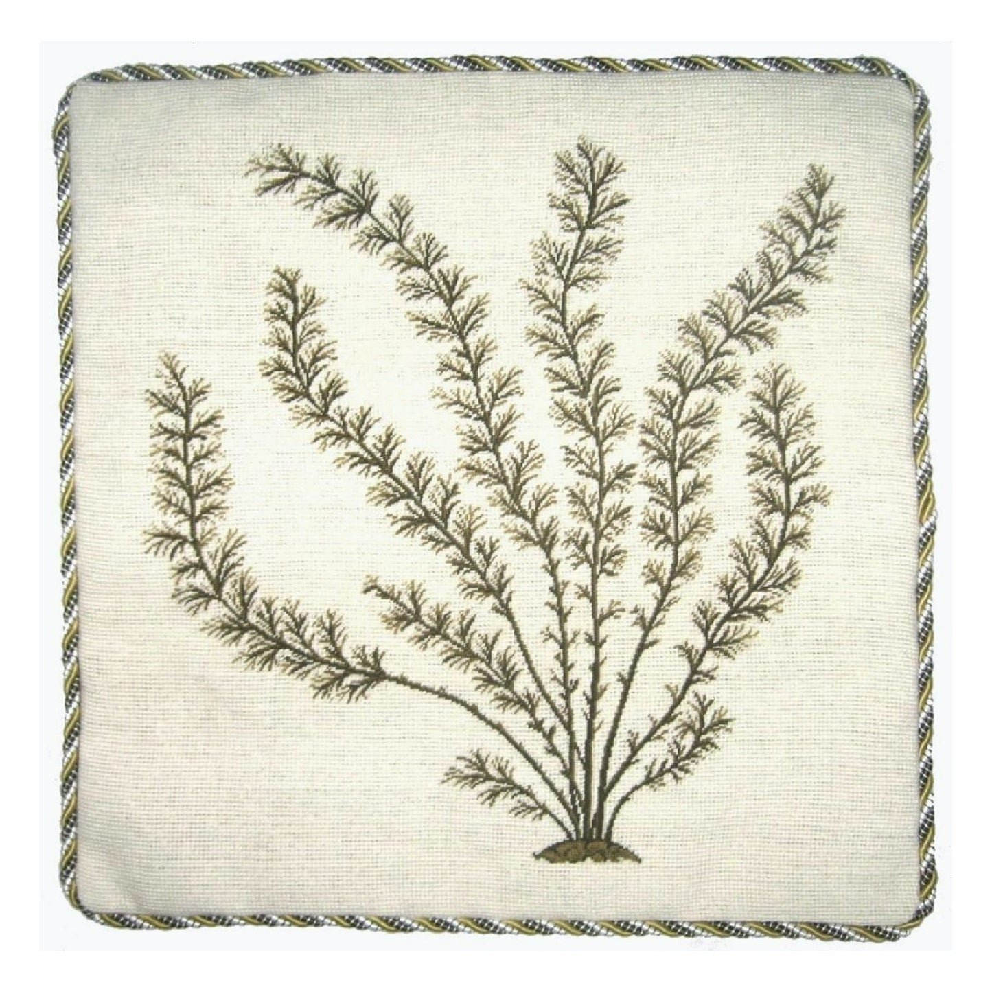 Handmade Wool Needlepoint Pillow Cover - Decorative Throw Cushion Cover - Vintage Floral Embroidery Design seaweeds green Marestail with cording