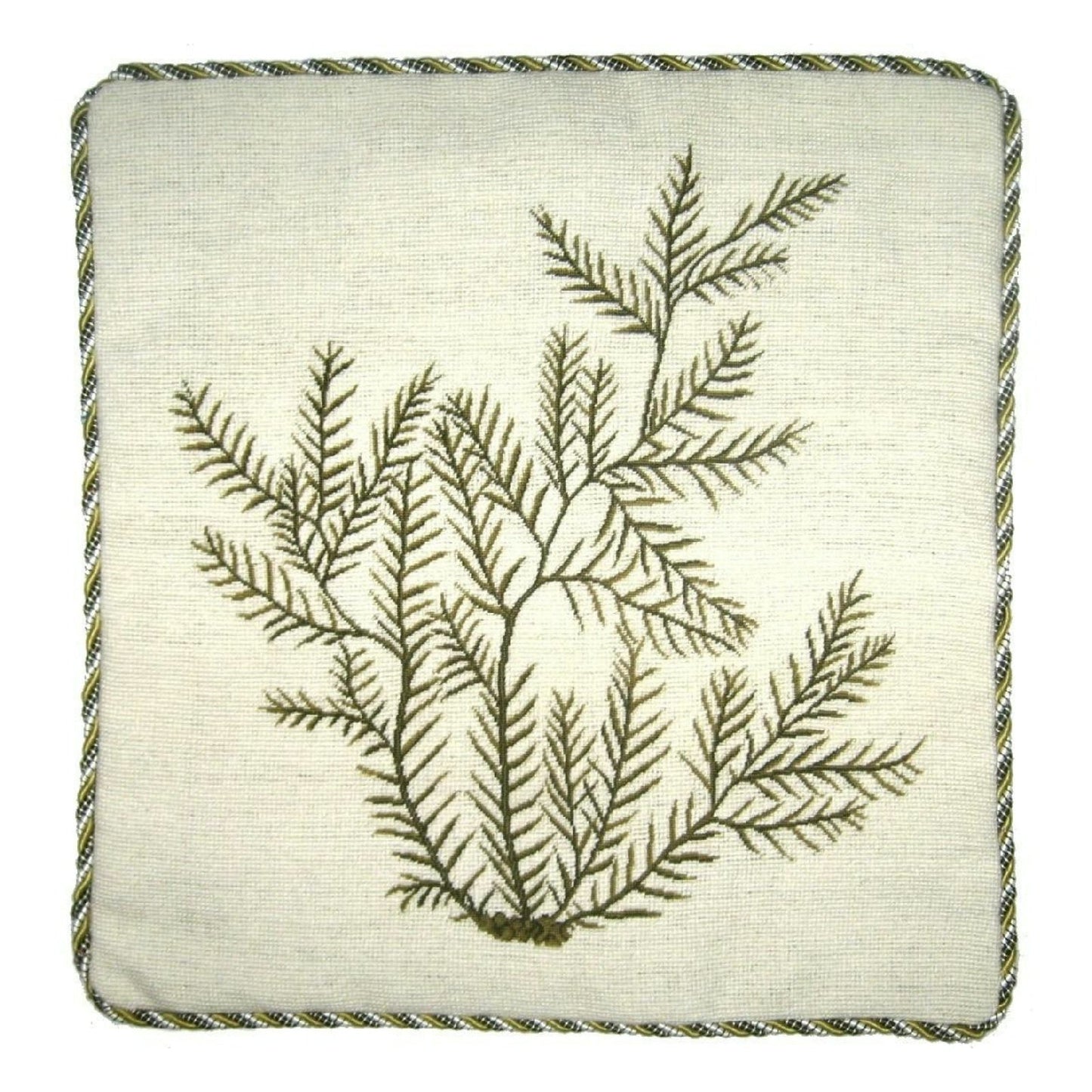 Handmade Wool Needlepoint Pillow Cover - Decorative Throw Cushion Cover - Vintage Floral Embroidery Design seaweeds green Sealace with cording