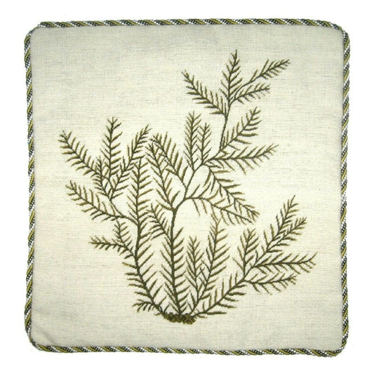Handmade Wool Needlepoint Pillow Cover - Decorative Throw Cushion Cover - Vintage Floral Embroidery Design seaweeds green Sealace with cording
