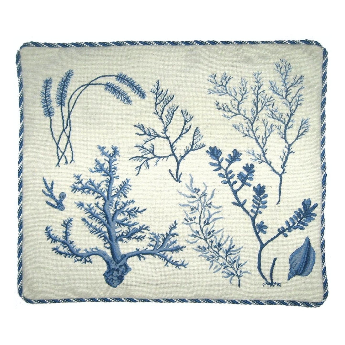 Handmade Wool Needlepoint Pillow Cover - Decorative Throw Cushion Cover - Vintage Floral Embroidery Design blue group seaweeds with coral left bottom with cording