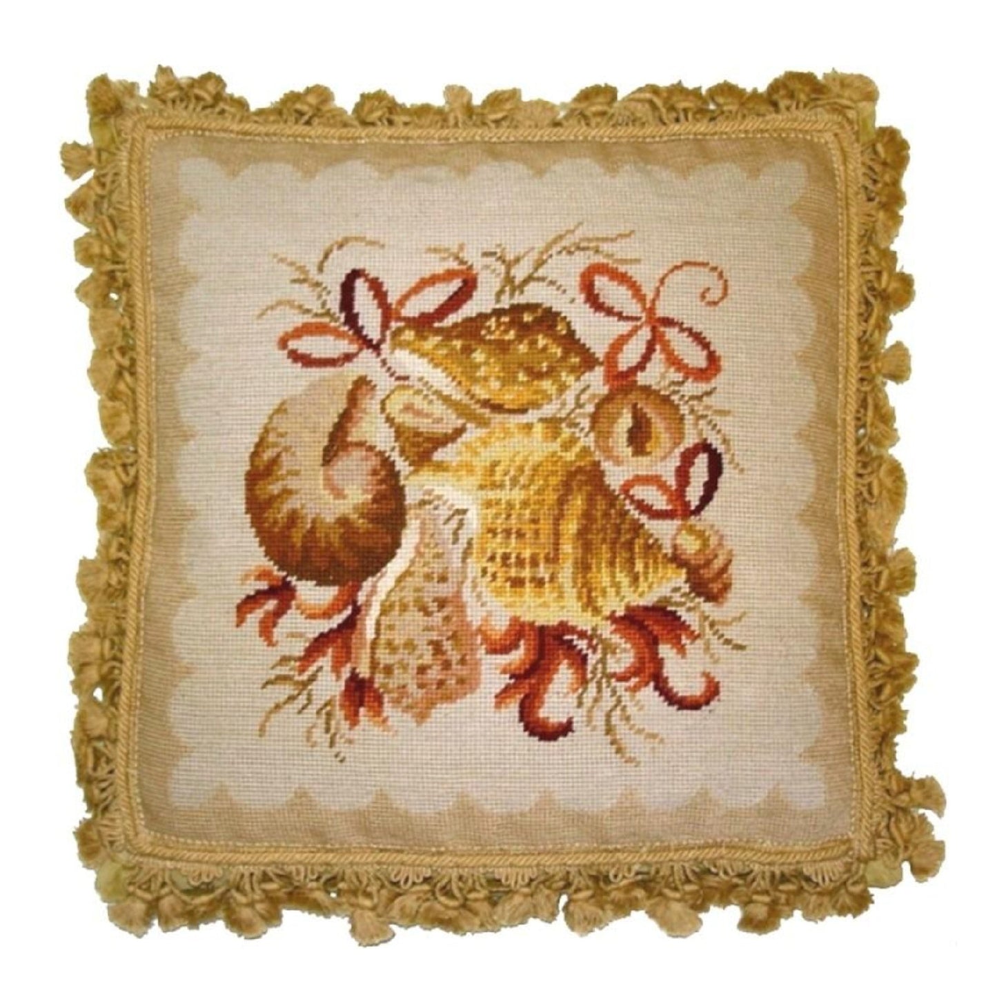 Handmade Wool Needlepoint Pillow Cover - Decorative Throw Cushion Cover - Vintage Floral Embroidery Design All shell with bowtie, dark bage tassels