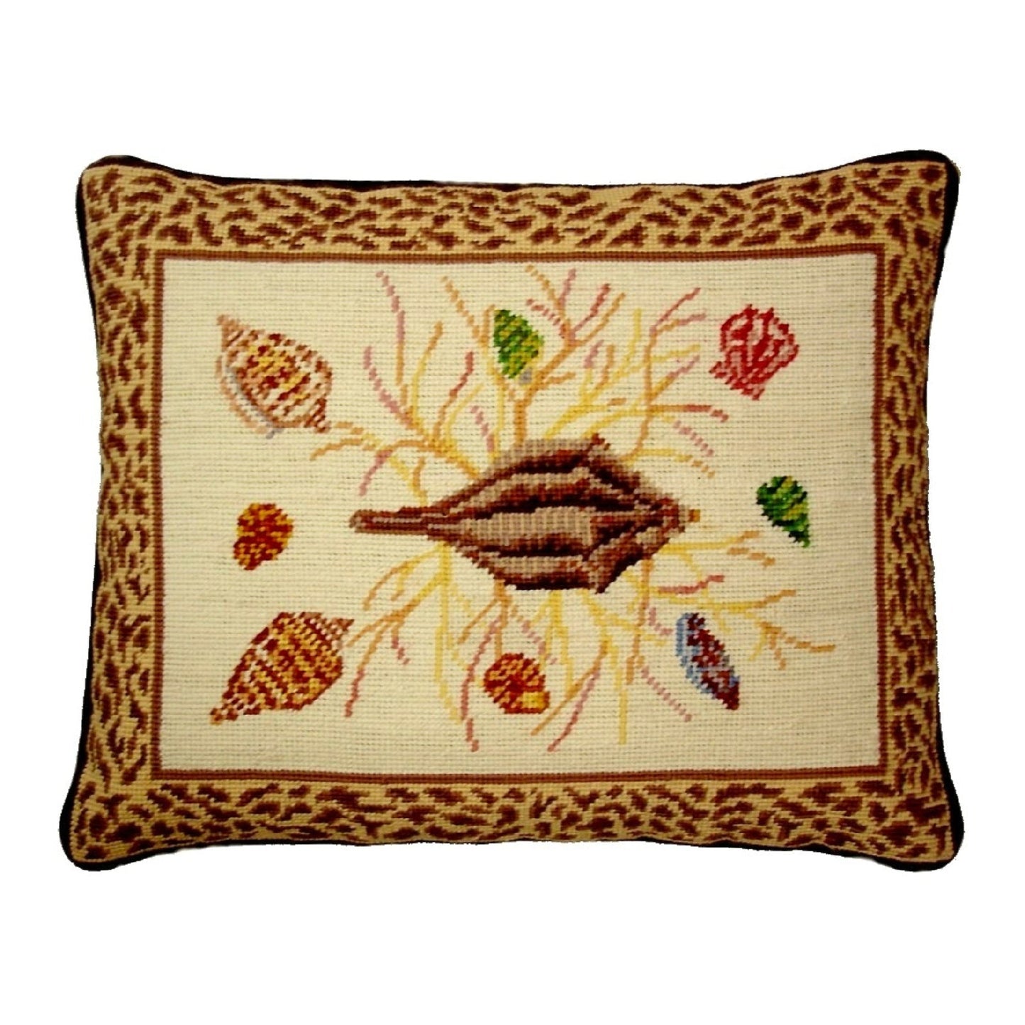 Handmade Wool Needlepoint Pillow Cover - Decorative Throw Cushion Cover - Vintage Floral Embroidery Design brown shell center animal print frame